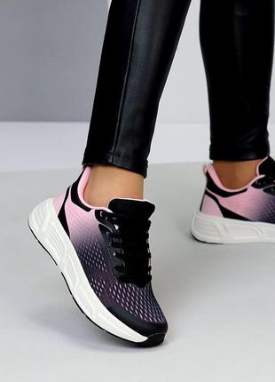 В наличие летние женские кроссовки из текстиля, в микс черный + розовый цвет на шнурках,2 фото
