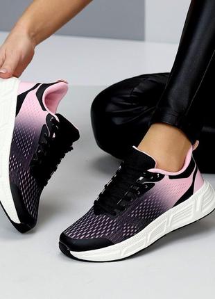 В наличие летние женские кроссовки из текстиля, в микс черный + розовый цвет на шнурках,4 фото