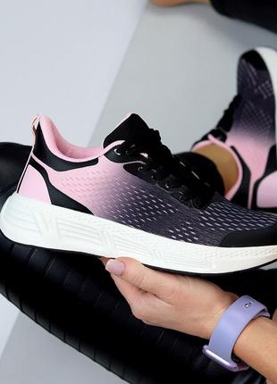 В наличие летние женские кроссовки из текстиля, в микс черный + розовый цвет на шнурках,8 фото