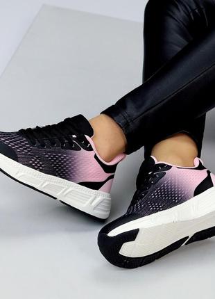 В наличие летние женские кроссовки из текстиля, в микс черный + розовый цвет на шнурках,7 фото