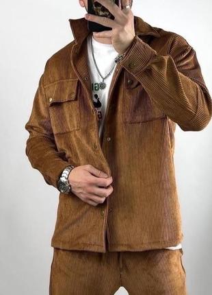 Стильный вельветовый мужской костюм трендовый комплект рубашка и штаны свободного кроя качественный2 фото