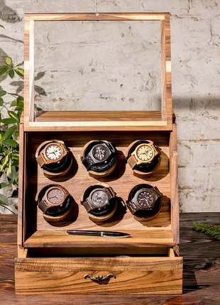 Дерев'яна шкатулка підставка для годинників elite (зі скляною кришкою)6 фото