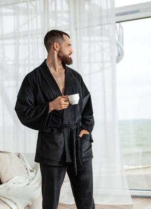 Велюровий чоловічий домашній піжамний комплект короткий халат і штани піжама плюшева2 фото