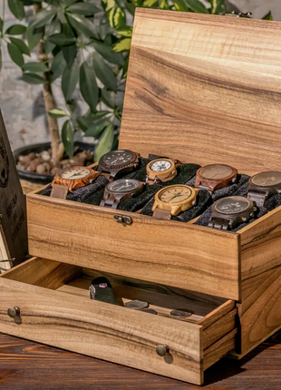 Деревянная шкатулка с ящиком для наручных часов на 4, 6, 8, 10, 12 ячеек6 фото