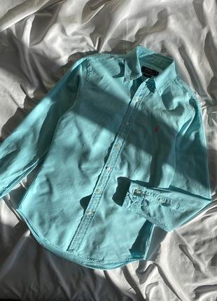 Голубая плотная приталенная рубашка polo ralph lauren slim fit4 фото