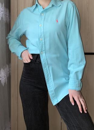 Голубая приталенная мужская рубашка с розовым всадником polo ralph lauren slim fit5 фото
