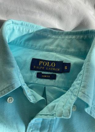 Голубая приталенная мужская рубашка с розовым всадником polo ralph lauren slim fit8 фото