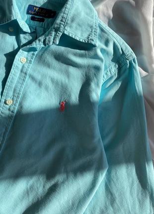 Голубая приталенная мужская рубашка с розовым всадником polo ralph lauren slim fit3 фото