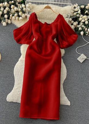 Элегантное вечернее платье с акцентом на талии и плечах с рукавами из органзы красная черная качественная стильная прямого кроя2 фото