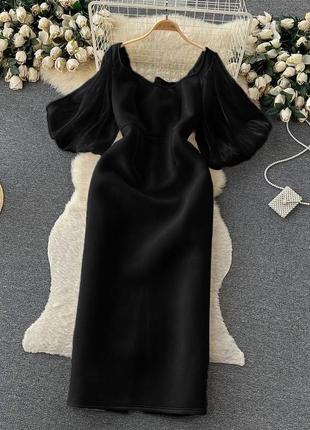 Элегантное вечернее платье с акцентом на талии и плечах с рукавами из органзы красная черная качественная стильная прямого кроя4 фото