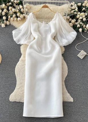Элегантное вечернее платье с акцентом на талии и плечах с рукавами из органзы белое, качественное стильное прямого кроя2 фото
