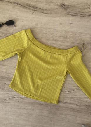 Топ желтого, горчично-лимонного цвета в рубчик, открытые плечи xs от бренда new look3 фото