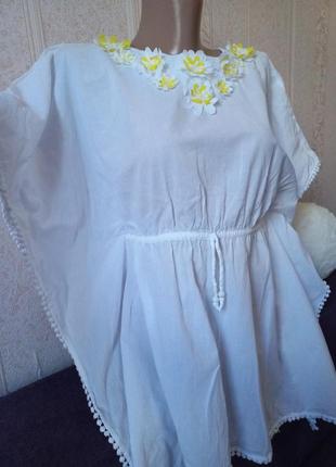 Пляжная туника платье легкая сорочка белая с декором хлопок!3 фото