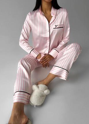 Женская пижама в розовую полоску ❤️ женская пижама с брюками и рубашкой