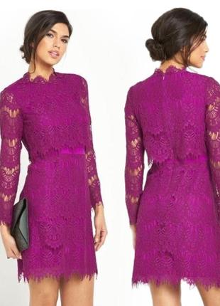 Кружевное сиреневое фиолетовое малиновое платье из кружева с длинным рукавом