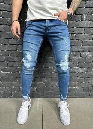 Синие джинсы мужские скинни рваные1 фото