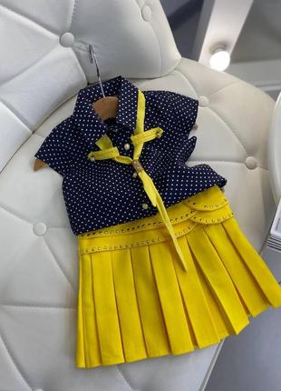 Стильный костюм для девочки с юбкой и блузкой в горошек 2038 yavrucak, сине-жёлтый, девочка, лето, 4 года