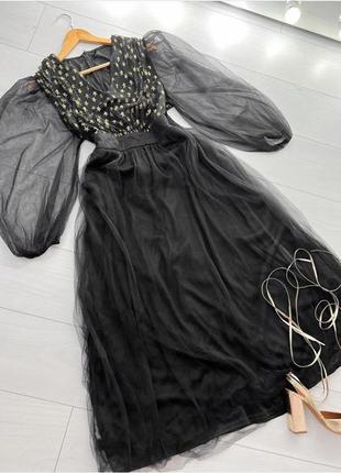 Гламурна довга чорна вечірня сукня блискучий фатин3 фото