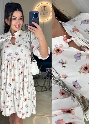 Улюблена шовкова сукня вільного крою в квітку з коміром стійка6 фото