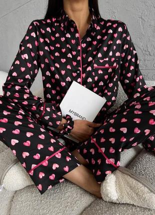 Жіноча піжама в сердечка ❤️ шовкова піжама ❤️ жіноча піжама з штанами ❤️ сорочка та штани