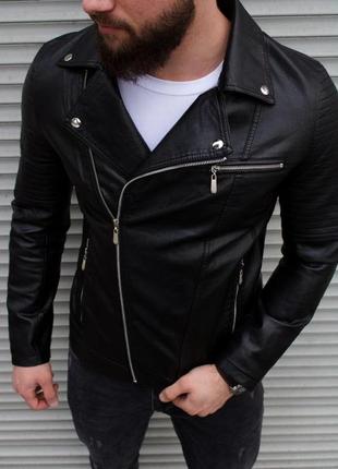 Чоловіча шкіряна куртка косуха чорна до 0*с весняна осіння чорна демісезонна   (bon)