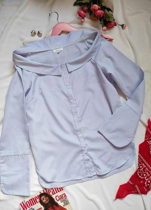 Жіноча сорочка з довгими рукавами блуза з відкритими плечима смугаста на ґудзиках подовжена сорочка з коміром