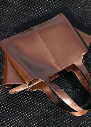 Сумка шопер із натуральної шкіри коричнева сумка4 фото