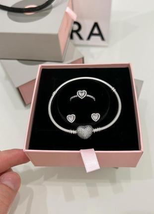 Комплект pandora набор пандора браслет серьги кольца шарики кольцо