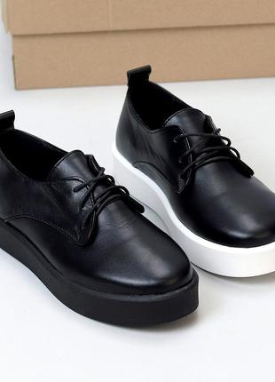 Черные кожаные туфли на шнуровке натуральная кожа на белой подошве9 фото