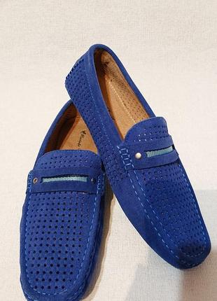 Мужские замшевые мокасины синего цвета 42 замша летние туфли1 фото