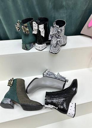 Эксклюзивные ботинки из итальянской кожи и замши женские на каблуке с бантиком2 фото