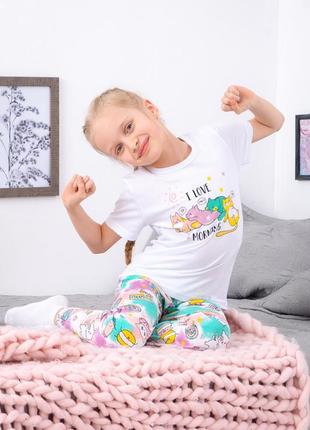 Летняя демисезонная пижама для девочки,  футболка и брюки, кулир, от 110см до 134см4 фото