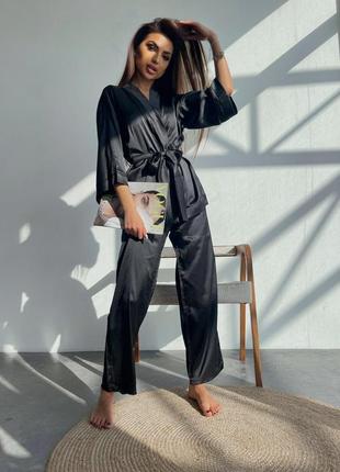 Шовкова піжама жіноча вільна сорочка з поясом і штани для сну чорного кольору розмір 42-488 фото