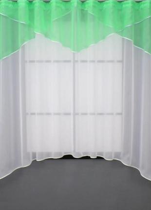 Тюль арка на кухню (280х170см) з ламбрекеном. колір білий з м'ятним1 фото