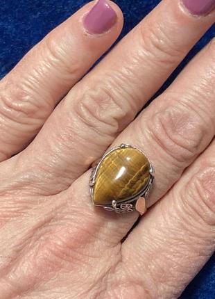Кольцо перстень серебро золото натуральный камень тигровый глаз1 фото
