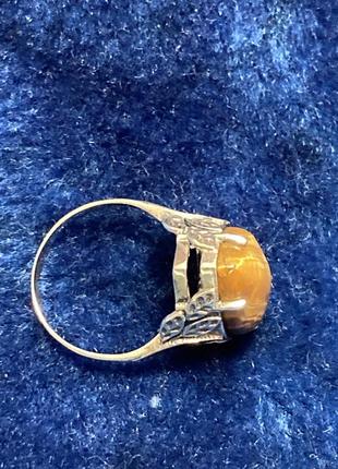 Кольцо перстень серебро золото натуральный камень тигровый глаз2 фото