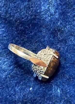 Кольцо перстень серебро золото натуральный камень тигровый глаз3 фото