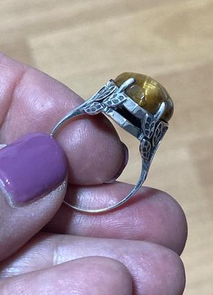 Кольцо перстень серебро золото натуральный камень тигровый глаз8 фото