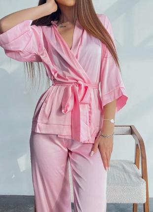 Шелковая пижама женская свободная рубашка с поясом и штаны для сна пудрового розового цвета размер 42-48