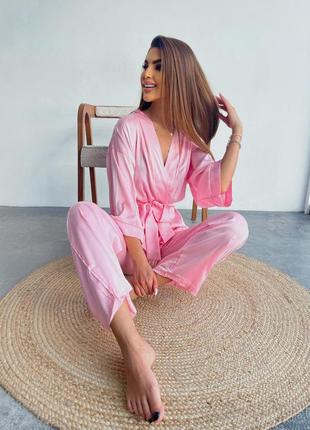 Шелковая пижама женская свободная рубашка с поясом и штаны для сна пудрового розового цвета размер 42-486 фото