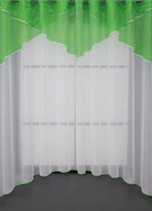 Фіранка арка на кухню (280х170см) з ламбрекеном. колір темно-салатовий з білим