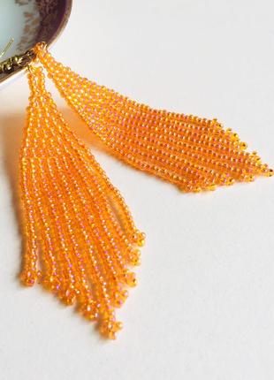 Оранжевые бисерные серьги, длинные оранжевые серьги, серьги из бисера2 фото