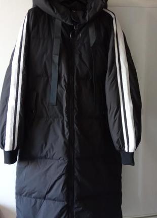 Стильный стеганый пуховик р. l, xl натуральный пух, длинная куртка пальто с капюшоном2 фото