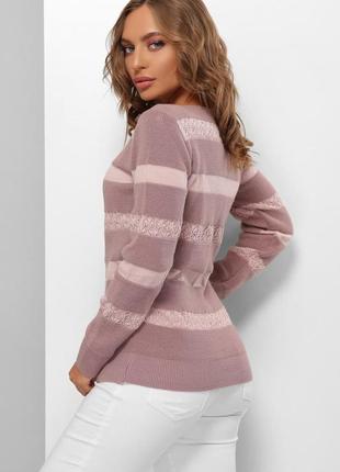 Джемпер жіночий светр із мереживними вставками, вовняною, у смужку, фрез