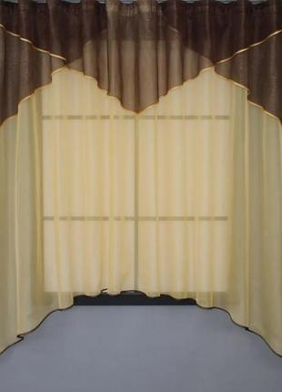 Кухонна фіранка (280х170см) з аркою та ламбрекеном. колір бурштиновий з венге1 фото