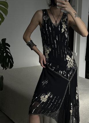 Шелковое асимметричное расшитое бисером винтажное платье1 фото