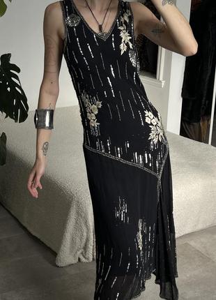 Шелковое асимметричное расшитое бисером винтажное платье8 фото
