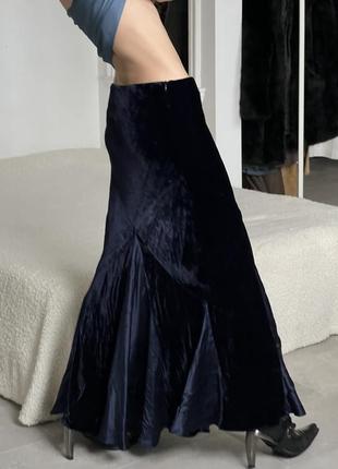 Роскошная темно синяя шелковая юбка макси в пол с бисером1 фото