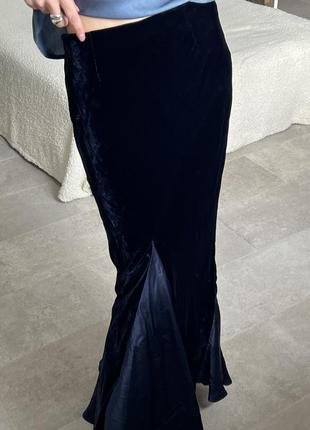 Роскошная темно синяя шелковая юбка макси в пол с бисером9 фото