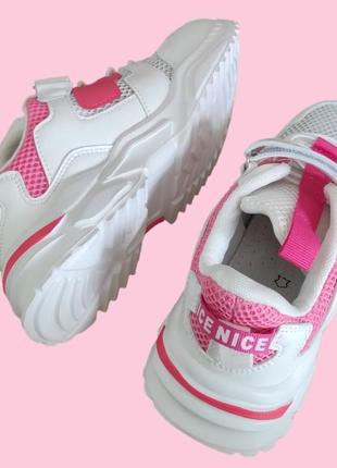 Белые, розовые кроссовки на платформе для девочки весна, лето сетка5 фото